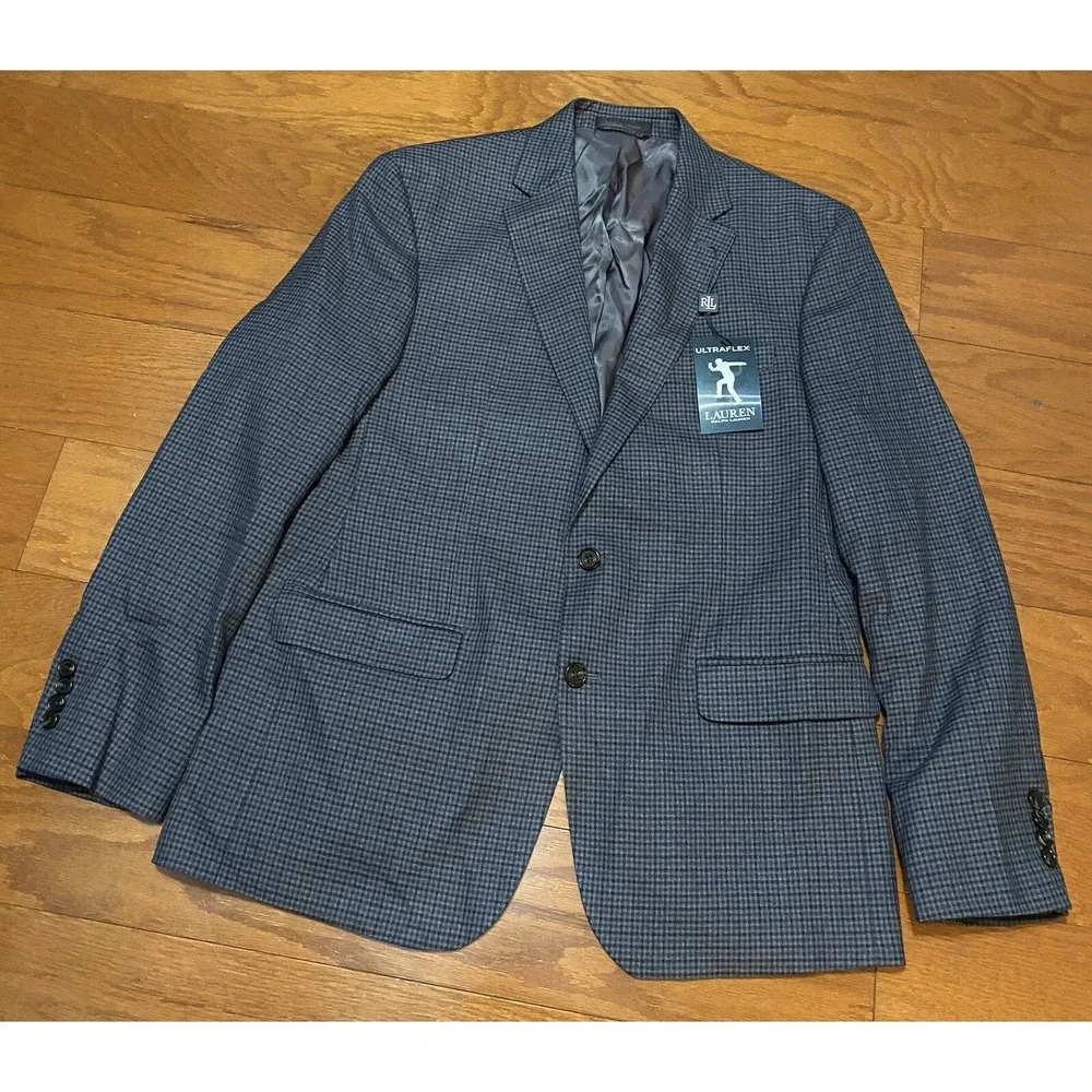 LAUREN RALPH LAUREN Ultraflex Stretch Blazer Plaid Blue‎ Size 42R MSRP $295